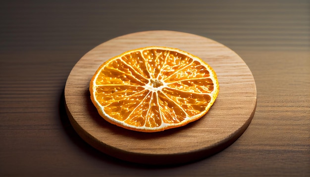 A slice of orange sits on a wooden plate.