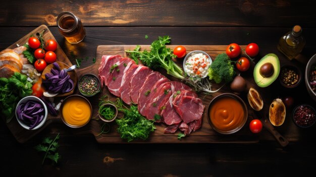 Sliced meat and fresh vegetables on a wooden table the process of preparing meat dishes in a traditi