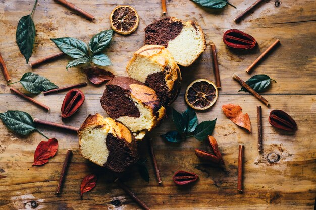 Slices bread amidst spices