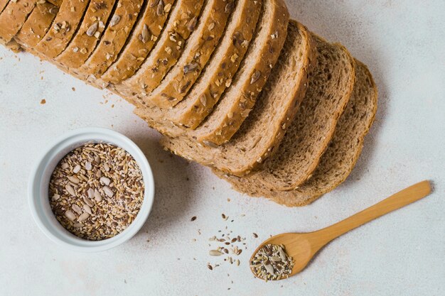 Slices of bread with seeds in bowl