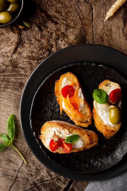 Slices of bruschetta flat lay