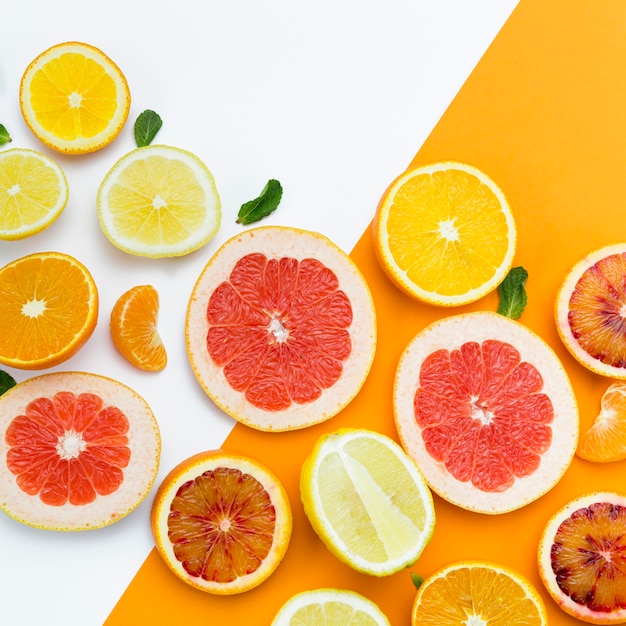 Slices of citrus fruit top view