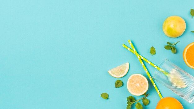 Slices of fresh fruits between herbs and glass