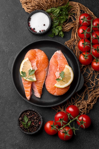 Slices of raw red salmon flat lay