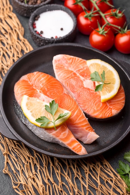 Slices of raw red salmon high view