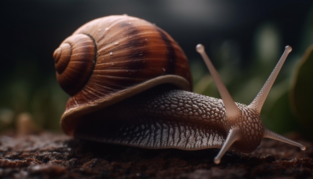 Free photo slimy snail crawling on green plant outdoors generated by ai