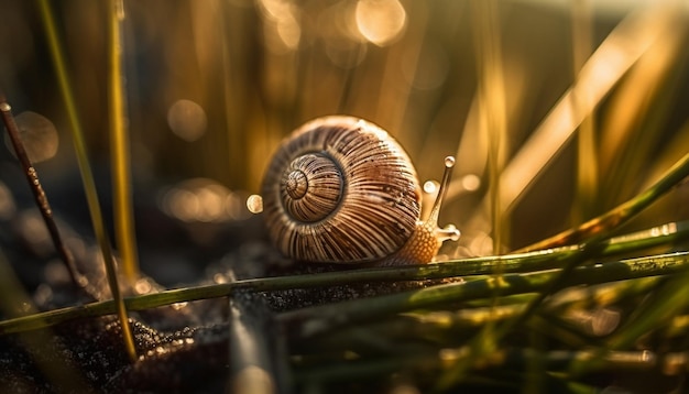 Free photo slimy snail crawling on green plant outdoors generated by ai