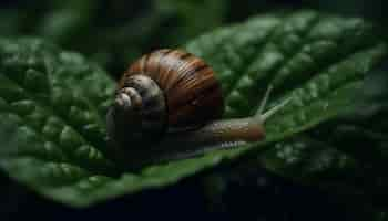 Free photo slimy snail crawling on wet green leaf generated by ai