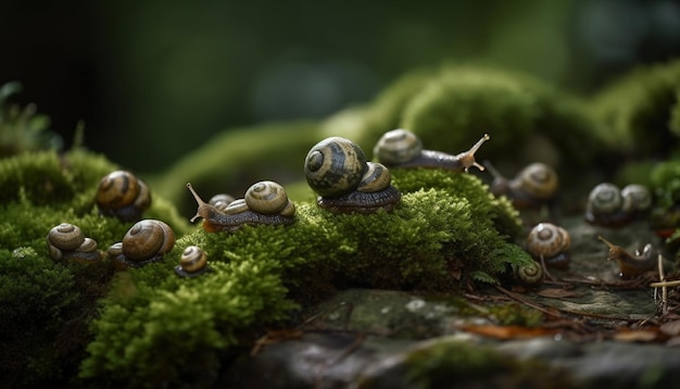 Free photo slow garden snail crawling on wet leaf generated by ai