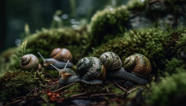 Free photo slow green snail slithers on wet leaf generated by ai