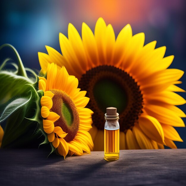 A small bottle of essential oil next to two sunflowers.