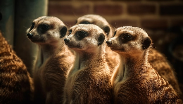 Free photo small cute meerkats standing in a row outdoors generated by ai