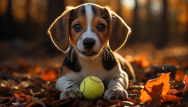 Free Photo a small cute puppy playing outdoors with a tennis ball generated by artificial intelligence