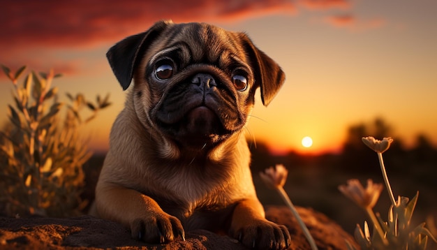 Free photo a small cute puppy sitting on grass looking at sunset generated by artificial intellingence