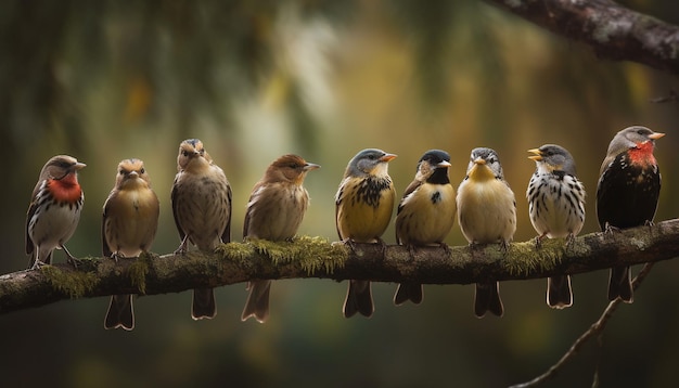 Small finches perching on green leaf branch generated by AI