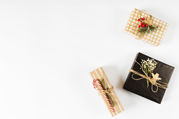 Small gift boxes on white table 