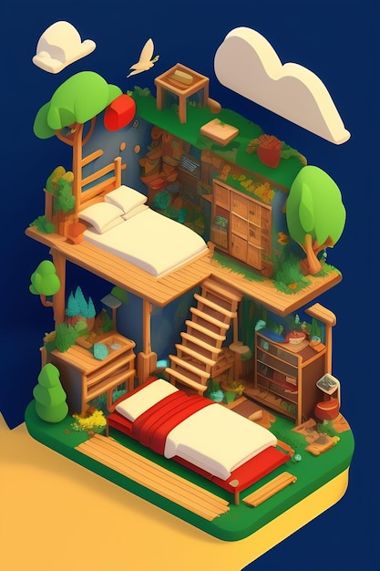 A small house with a tree on the roof.