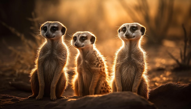 Small meerkat family sitting watching nature beauty generated by AI