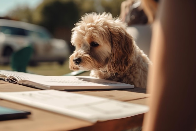 Free Photo small terrier sitting on table reading book generative ai