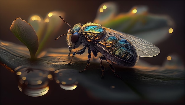 Small yellow fly on green leaf nature beauty generative AI