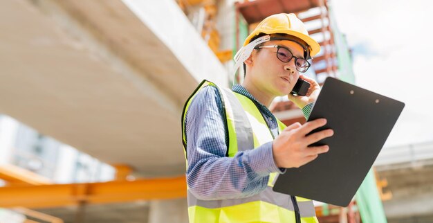 Smart asian glasses engineer use radio connection working in site construction