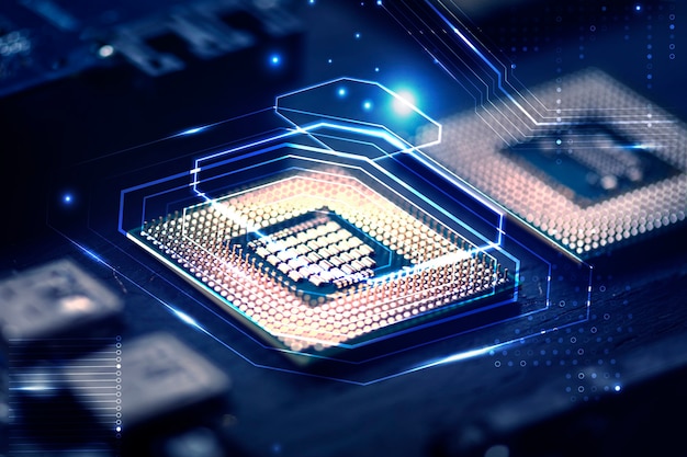 Smart microchip background on a motherboard closeup technology remix