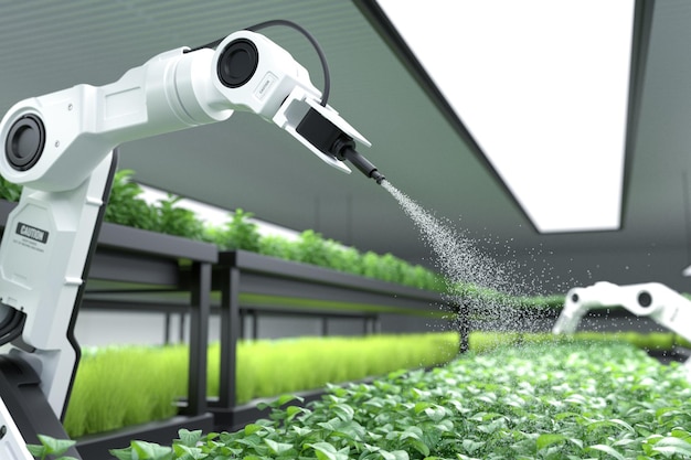 Free photo smart robotic farmer spraying fertilizer on vegetable green plants