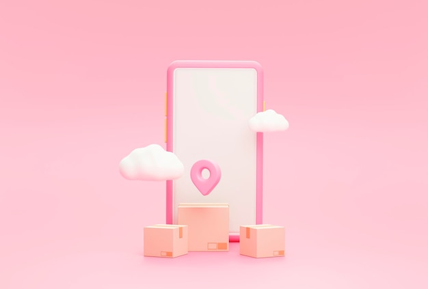 Smartphone and Pin pointer mark location and parcels box Online delivery transportation logistics concept on pink background 3d rendering illustration