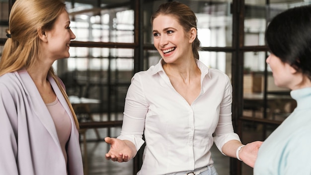 Smiley businesswomen having a conversation indoors