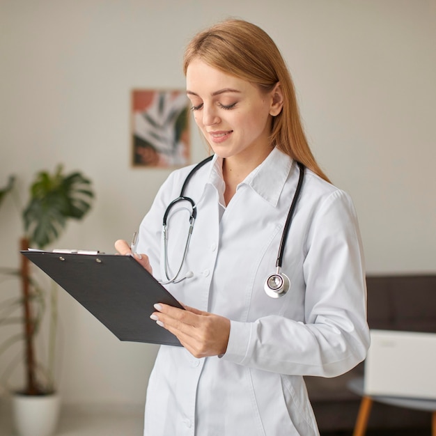 Smiley covid recovery center female doctor holding clipboard