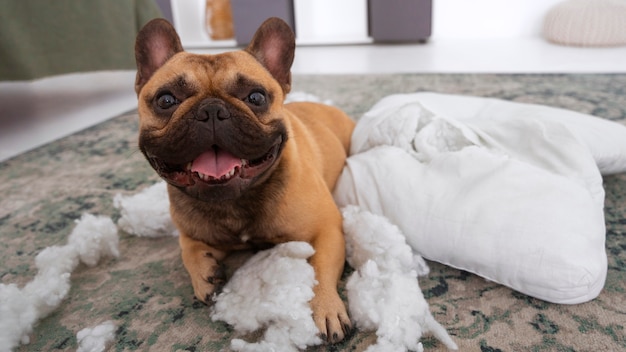 Free Photo smiley dog making mess on floor