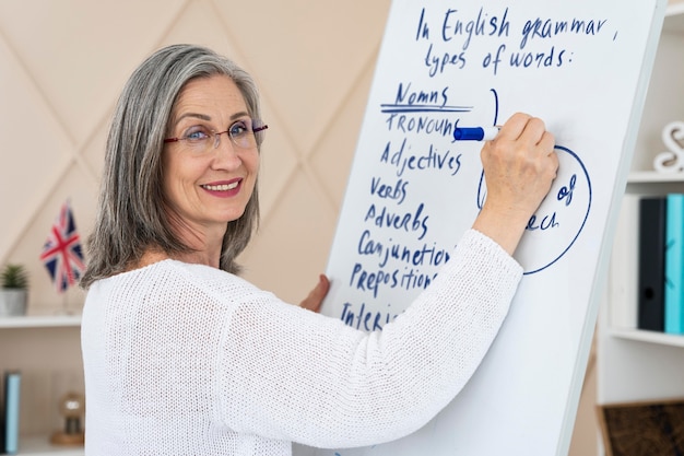 Smiley female english teacher doing online lessons