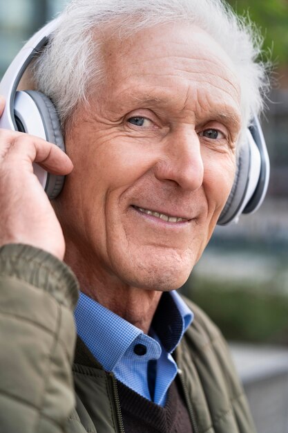 Smiley older man in the city listening to music on headphones