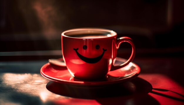 Smiling adult enjoys hot cappuccino on wooden table generated by AI