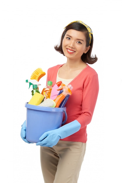 Smiling Asian Woman Having Spring Clean