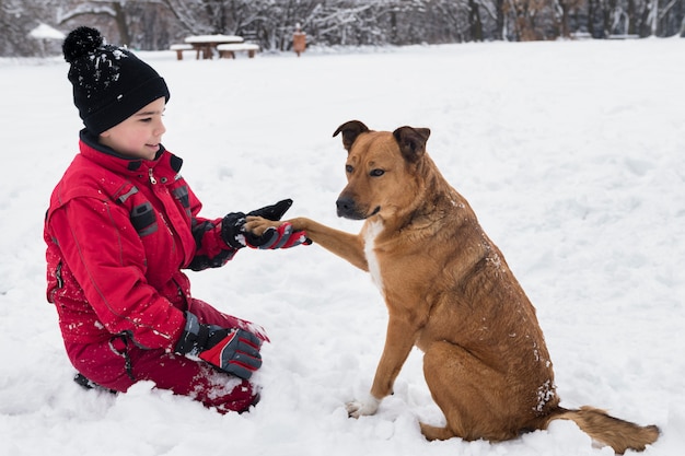 Free Photo smiling boy holding dog paw in winter season