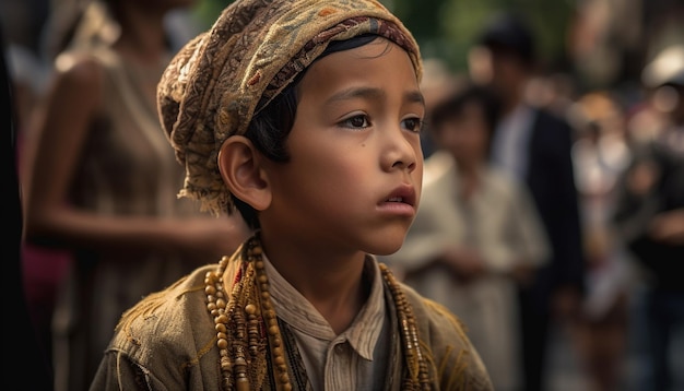 Smiling boys in traditional clothing working as tailors generated by AI