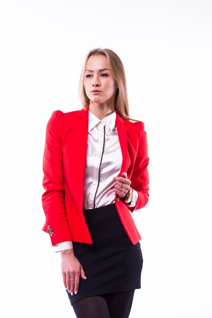 Smiling business woman with folded hands against white wall. Toothy smile, crossed arms.