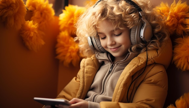 Smiling child playing outdoors listening to music with headphones generated by artificial intelligence