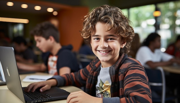 Smiling child sitting looking at camera studying generated by AI