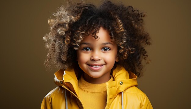 Free photo smiling child with curly hair looking at camera radiates happiness generated by artificial intelligence