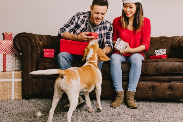 Free photo smiling couple with dog at christmas