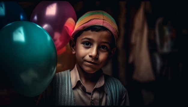 Smiling cute children holding balloons with joy generated by AI