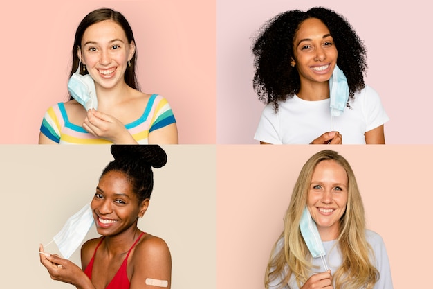 Free photo smiling diverse women taking off face mask in the new normal