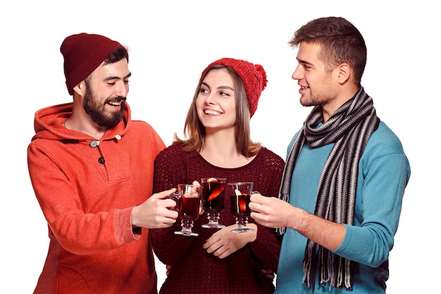 Smiling european men and women during party