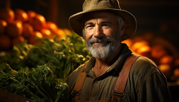 Free photo a smiling farmer outdoors in nature harvesting fresh vegetables generated by artificial intelligence