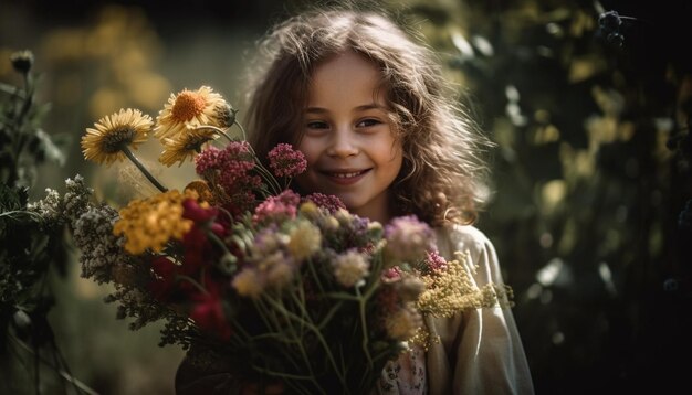 Smiling girl enjoys nature beauty with flower bouquet generated by AI