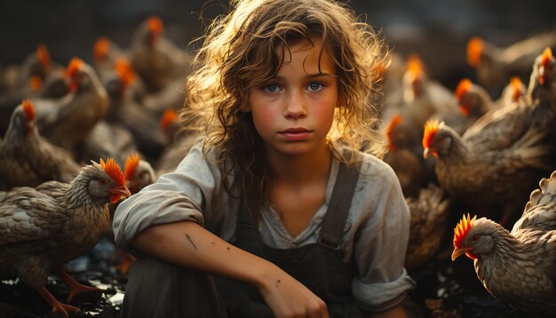 Smiling girl on farm with cute chickens enjoying nature generated by artificial intelligence