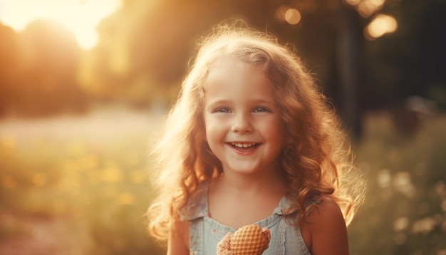 Free photo smiling girl holds flower enjoying nature beauty generated by ai