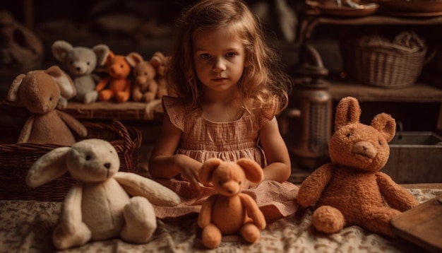 Free photo smiling girls playing with cute teddy bear generated by ai